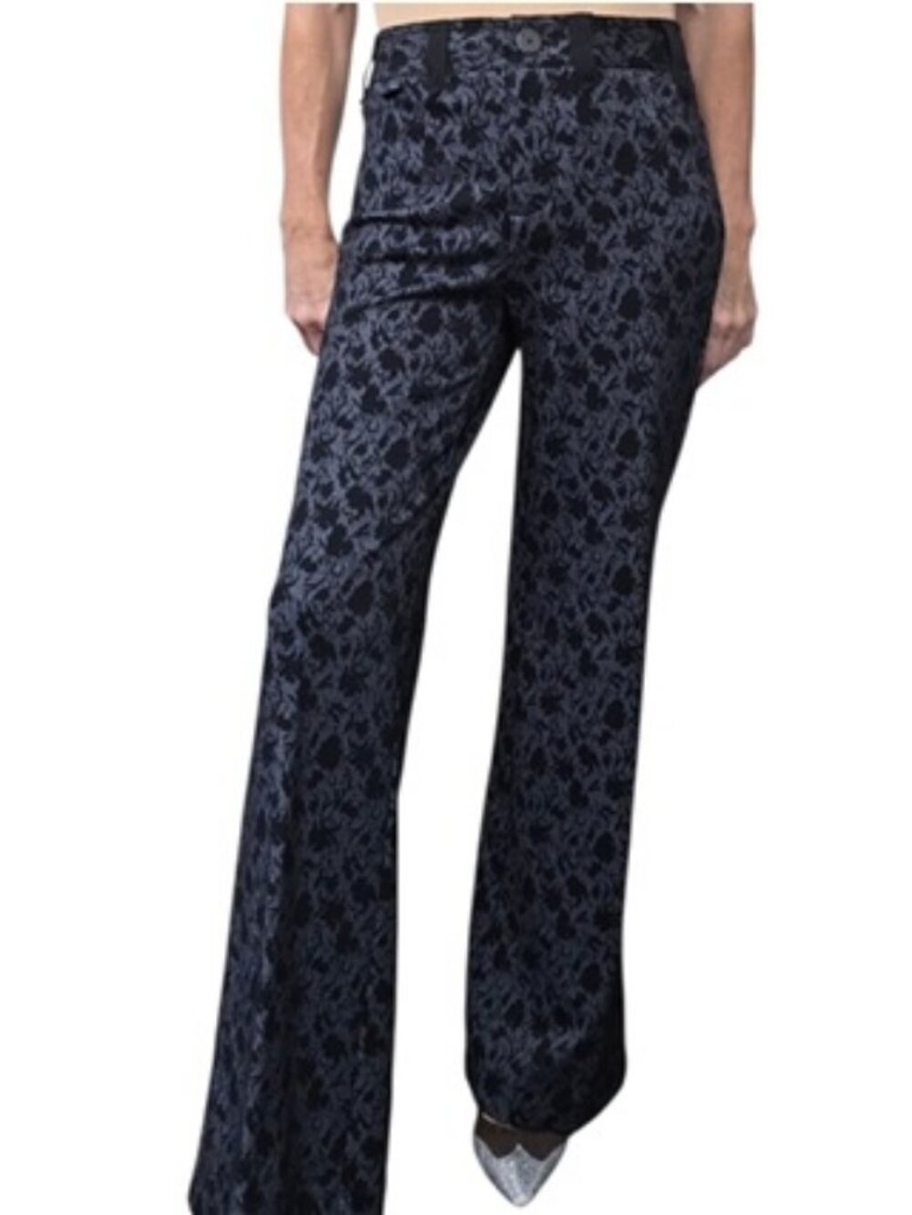 Maeve Anthropologie Navy Floral Jacquard Flare Trousers Pants 2